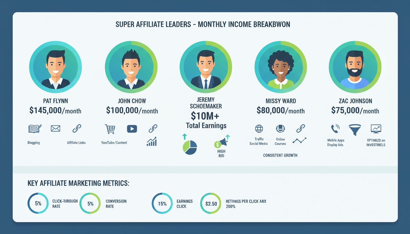 Top super affiliates earning dashboard showing Pat Flynn, John Chow, Jeremy Schoemaker and other successful affiliate marketers with their monthly earnings and income streams