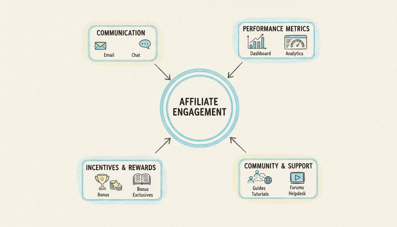 Schéma de stratégie d’engagement des affiliés montrant communication, métriques de performance, incitations, formation et soutien communautaire