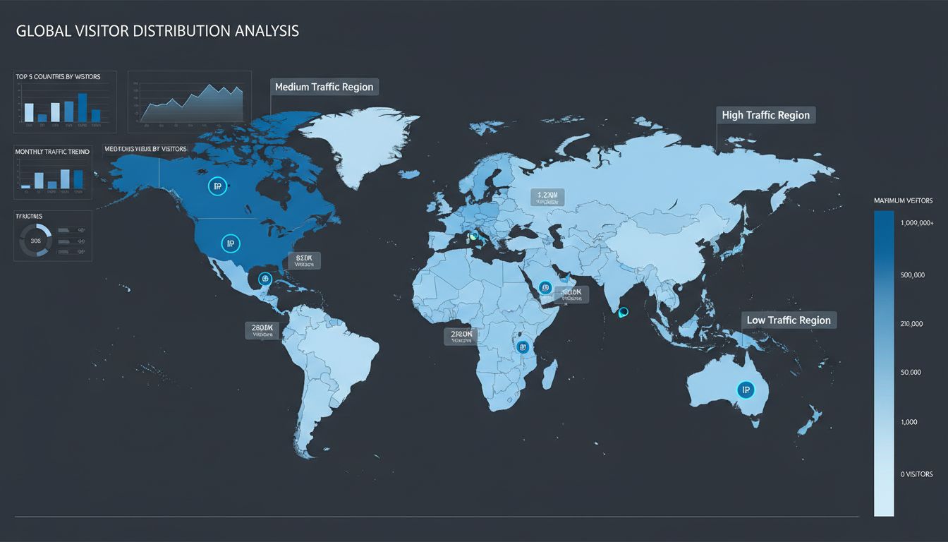 Carte du monde affichant des pays colorés avec l'analyse de la répartition des visiteurs et la visualisation des données de géolocalisation