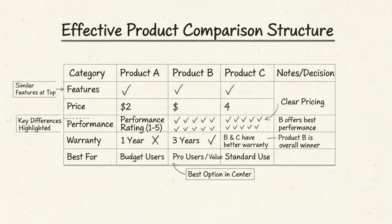 Structure efficace de tableau comparatif de produits montrant une comparaison côte à côte avec les caractéristiques similaires en haut, les principales différences mises en avant, des prix clairs et la meilleure option au centre