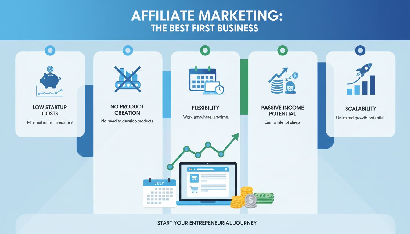 Infographie montrant les avantages du marketing d’affiliation comme première entreprise : faibles coûts, flexibilité, revenu passif et évolutivité