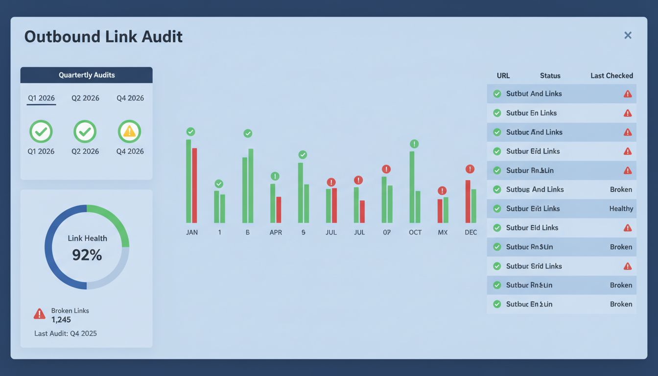 Tableau de bord professionnel montrant un planning d’audit trimestriel des liens sortants avec indicateurs de santé des liens et détection des liens brisés