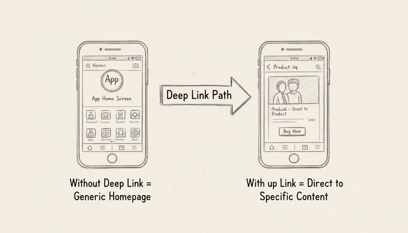 Schéma de deep linking mobile montrant la navigation directe vers un contenu spécifique de l'application par rapport à la page d'accueil générique