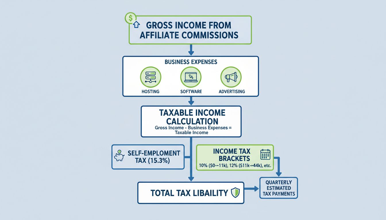 Organigramme du calcul du revenu imposable pour les affiliés, montrant le revenu brut, les dépenses professionnelles et la charge fiscale