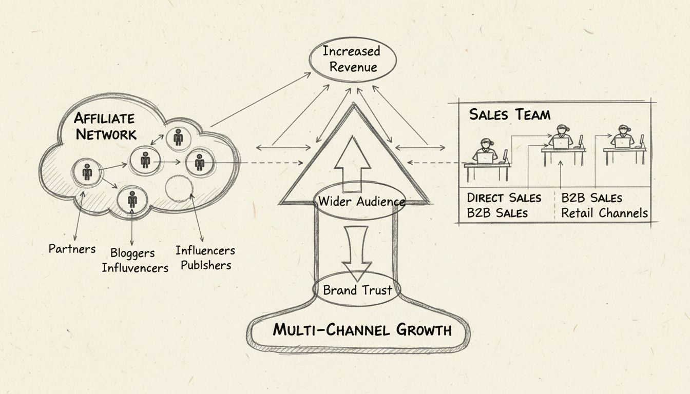 Diagramme montrant la synergie entre le réseau d'affiliés et l'équipe commerciale, avec des flèches convergentes indiquant une augmentation des revenus, une audience élargie et la confiance dans la marque