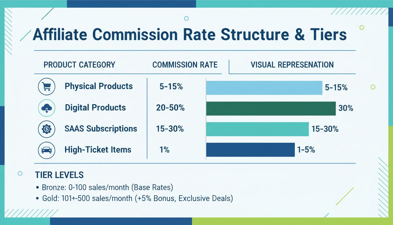 Structure des taux de commission d'affiliation montrant différentes catégories de produits avec des plages de pourcentages et des barres de comparaison visuelles