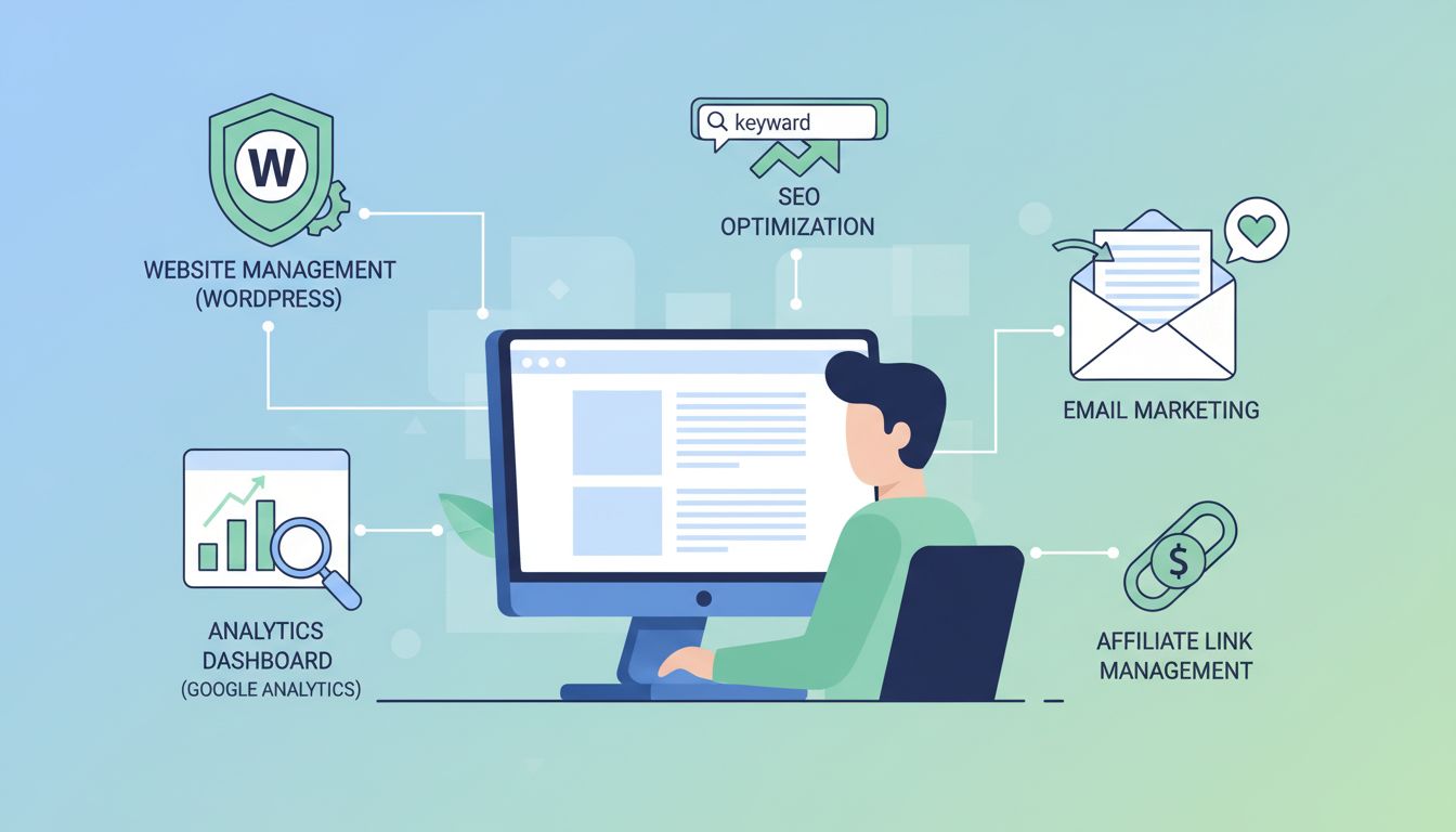 Infographie des compétences techniques en marketing d'affiliation montrant la gestion de site web, l'analyse, le SEO, l'email marketing et la gestion des liens