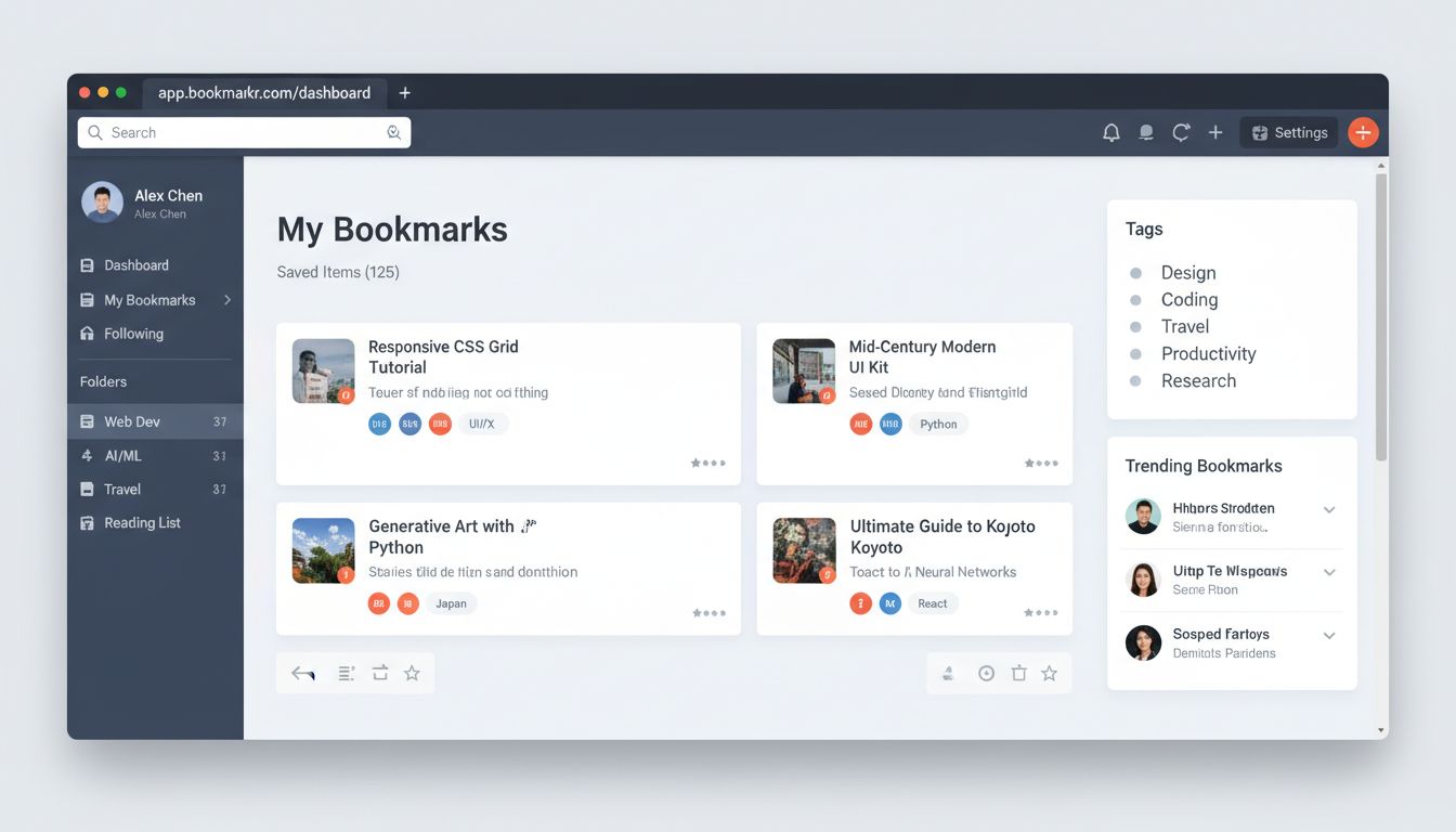 Interface de plateforme de social bookmarking montrant des favoris organisés avec des tags et des options de partage