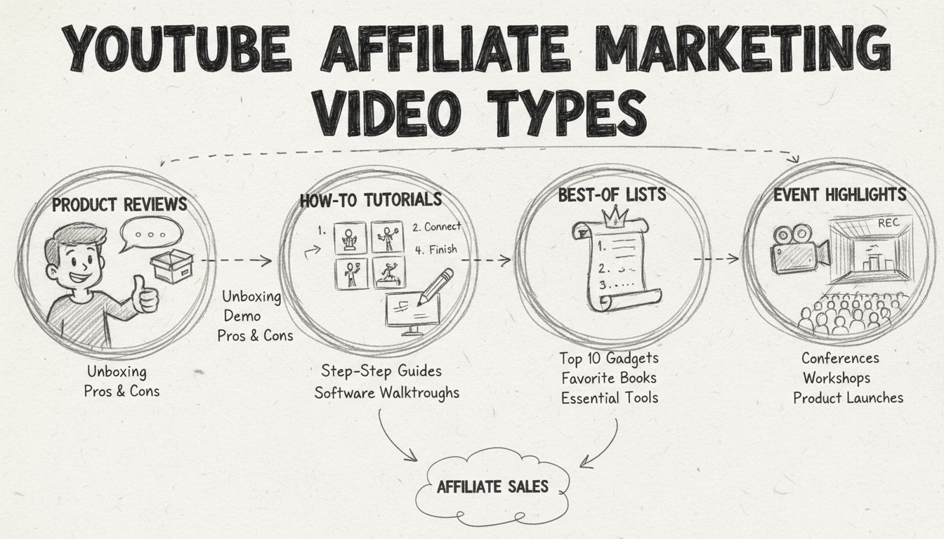 Types de vidéos YouTube pour le marketing d'affiliation, y compris avis produits, tutoriels, listes comparatives et temps forts d'événements