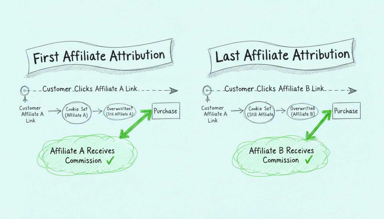 Diagramme comparatif de l'attribution d'affiliation illustrant les modèles d'attribution au premier et au dernier clic avec suivi des cookies