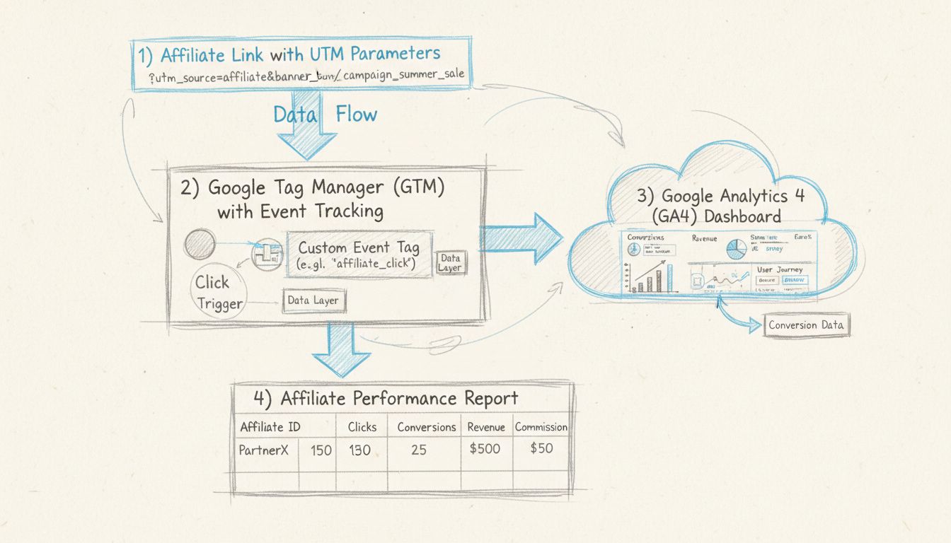 Schéma de configuration du suivi des affiliés dans Google Analytics montrant les paramètres UTM, Google Tag Manager, tableau de bord GA4 et reporting des performances affiliées