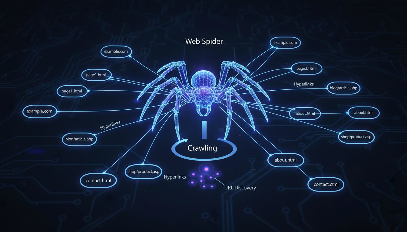 Schéma technique montrant comment les spiders web parcourent Internet via des connexions réseau et des hyperliens