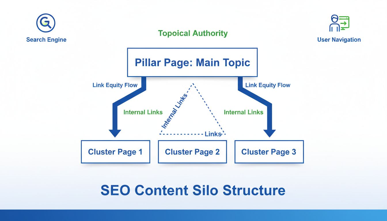Schéma de structure de silo montrant une page pilier connectée à des pages de cluster avec maillage interne et circulation de l’équité des liens