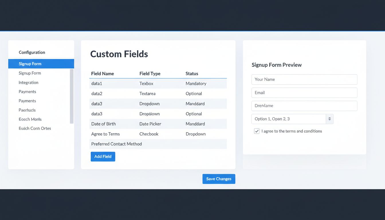 Interface de configuration du formulaire d'inscription Post Affiliate Pro montrant la configuration des champs personnalisés avec types de champ et options de statut