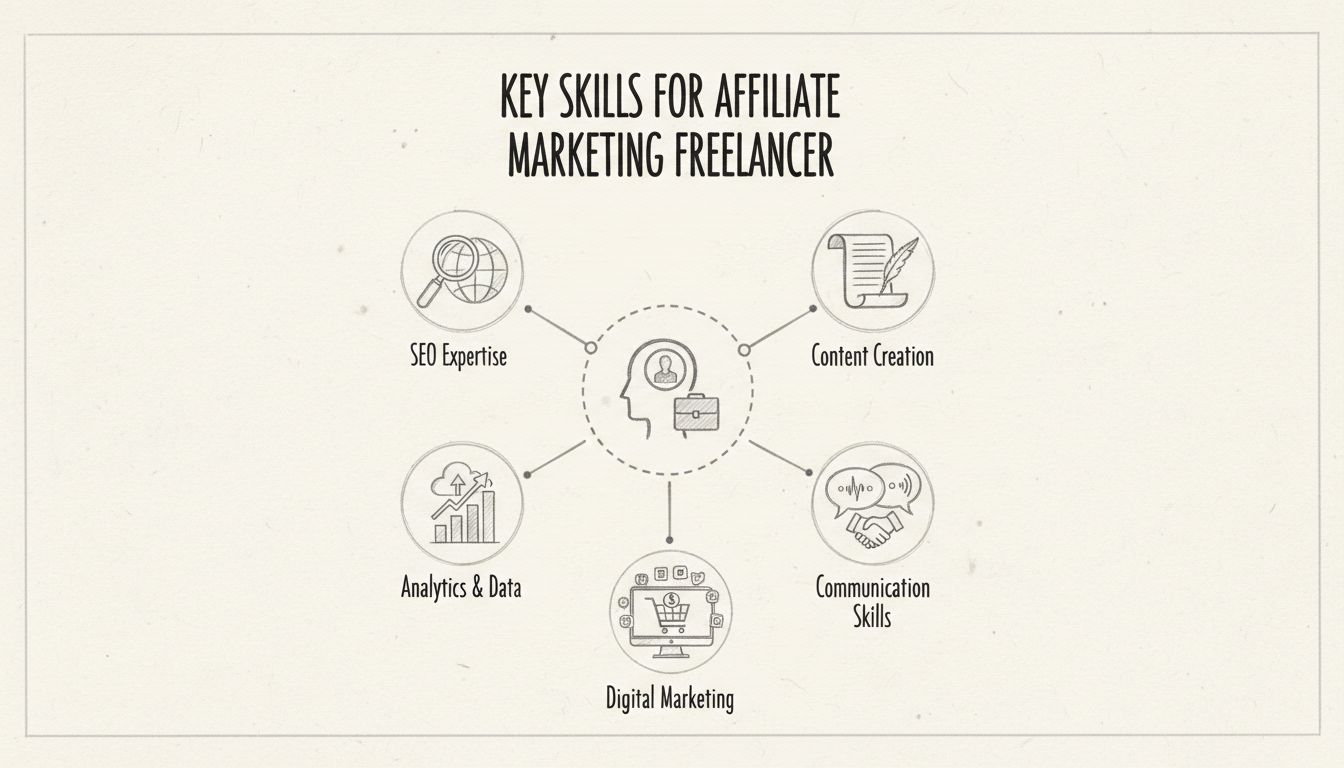 Infographie illustrant les compétences clés pour un freelance en marketing d'affiliation : expertise SEO, création de contenu, analytics et données, compétences en communication et marketing digital