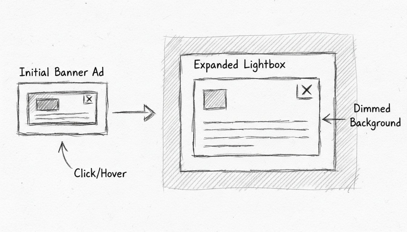 Schéma dessiné à la main montrant comment une bannière lightbox s’étend d’une petite annonce à une superposition plein écran avec arrière-plan assombri