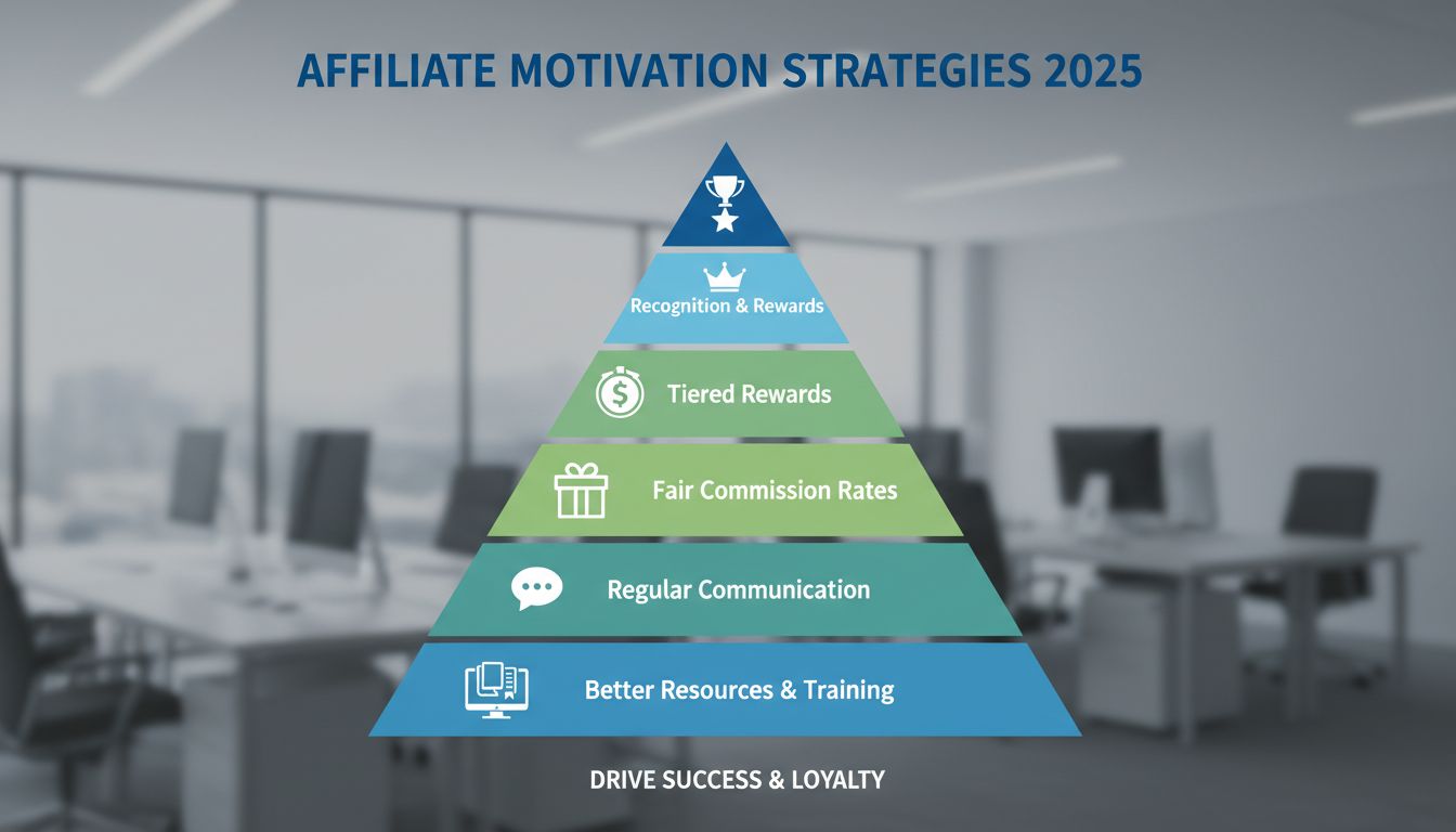 Pyramide de motivation des affiliés présentant six niveaux : Meilleures ressources & formations, communication régulière, offres exclusives, taux de commission équitables, récompenses par paliers et reconnaissance & récompenses