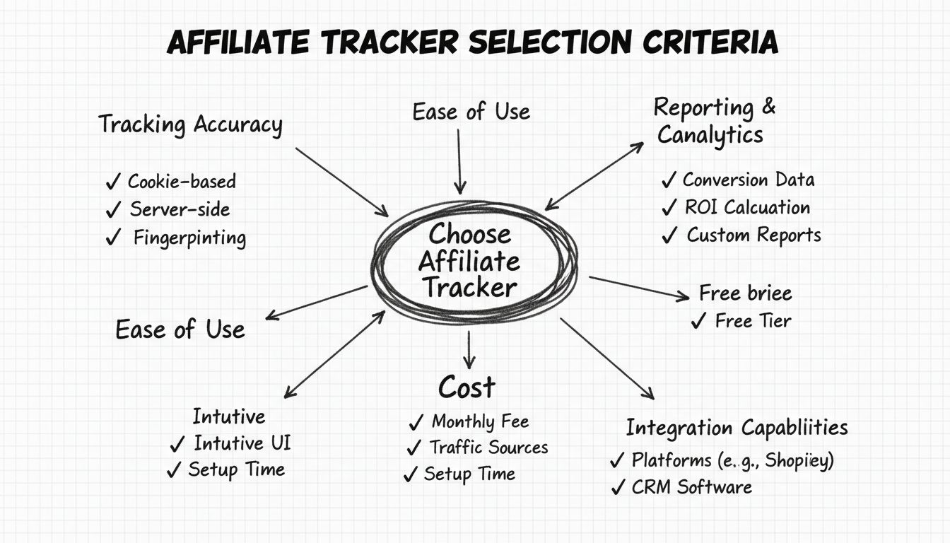 Schéma en arbre de décision illustrant cinq critères principaux pour choisir un tracker d'affiliation : Précision du Suivi, Facilité d'Utilisation, Coût, Reporting & Analyse, et Capacités d'Intégration