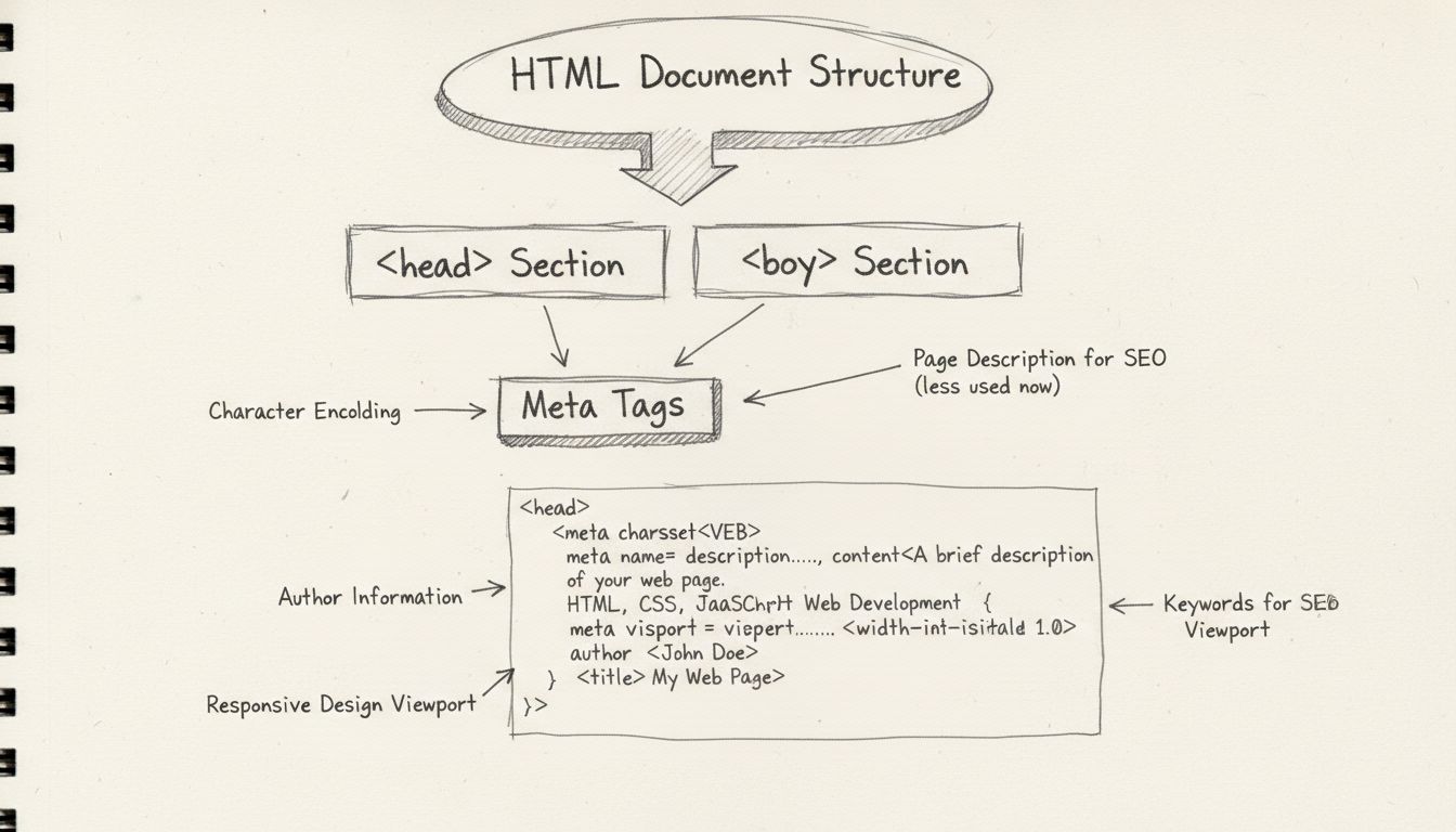 Schéma de la structure des balises meta HTML montrant la section head avec charset, description, keywords, author et viewport