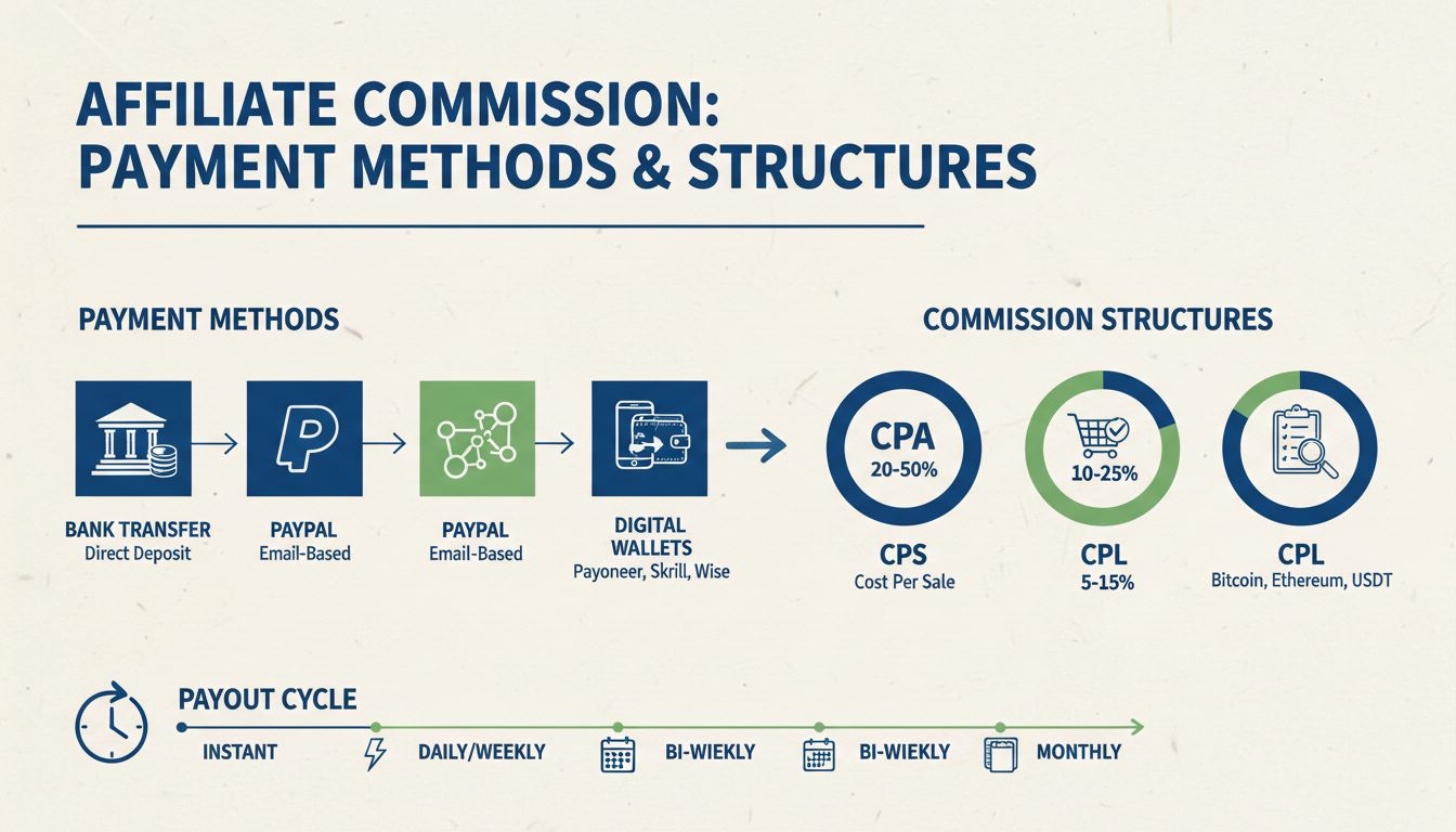 Méthodes de paiement et structures de commission d'affiliation, infographie montrant les modèles CPA, CPS, CPL et les diverses options de paiement