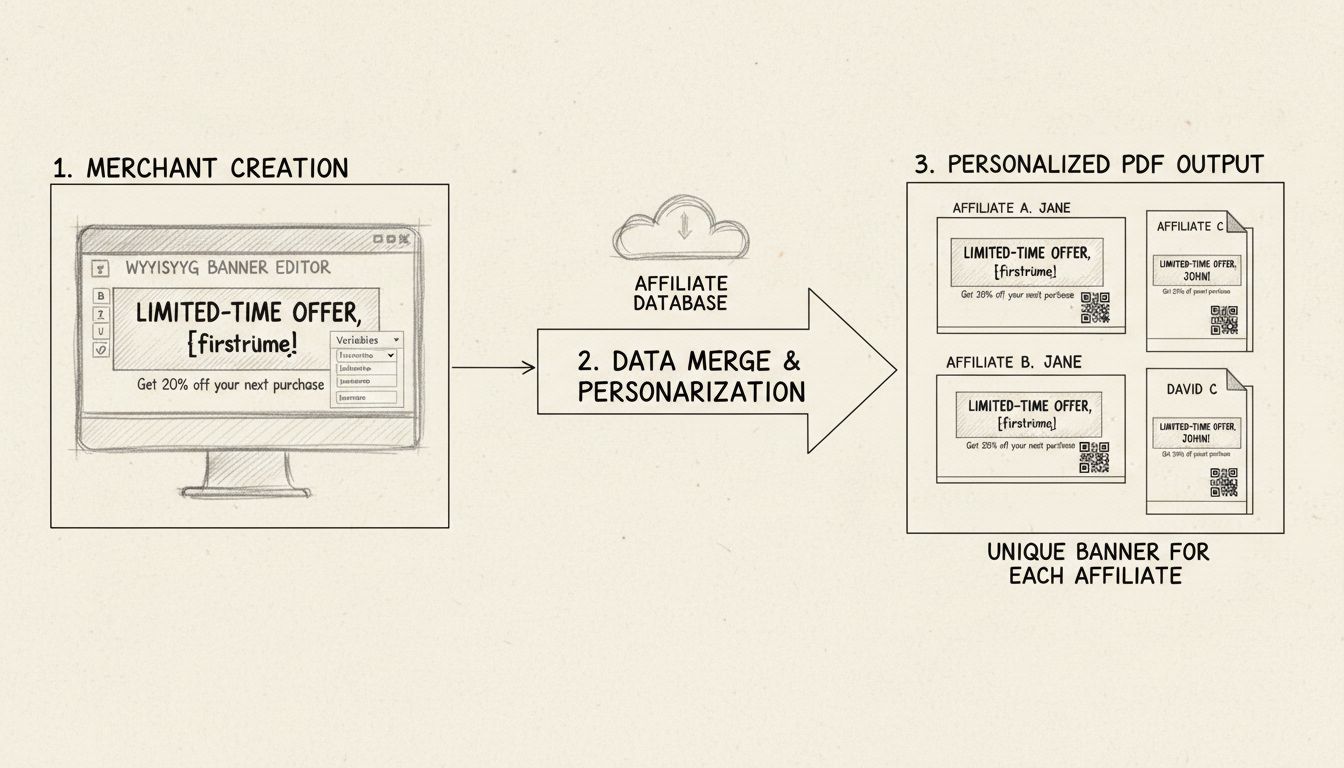 Flux de création de bannière PDF montrant l’éditeur WYSIWYG avec variables de substitution et rendu PDF personnalisé