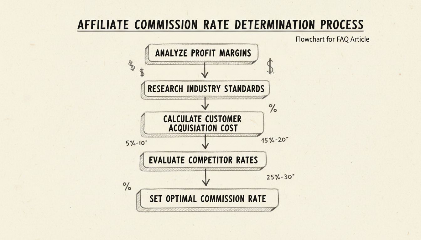 Organigramme illustrant le processus de détermination des taux de commission d'affiliation avec les étapes : Analyse des marges bénéficiaires, Recherche des standards du secteur, Calcul du coût d'acquisition client, Évaluation des taux concurrents, et Fixation du taux de commission optimal