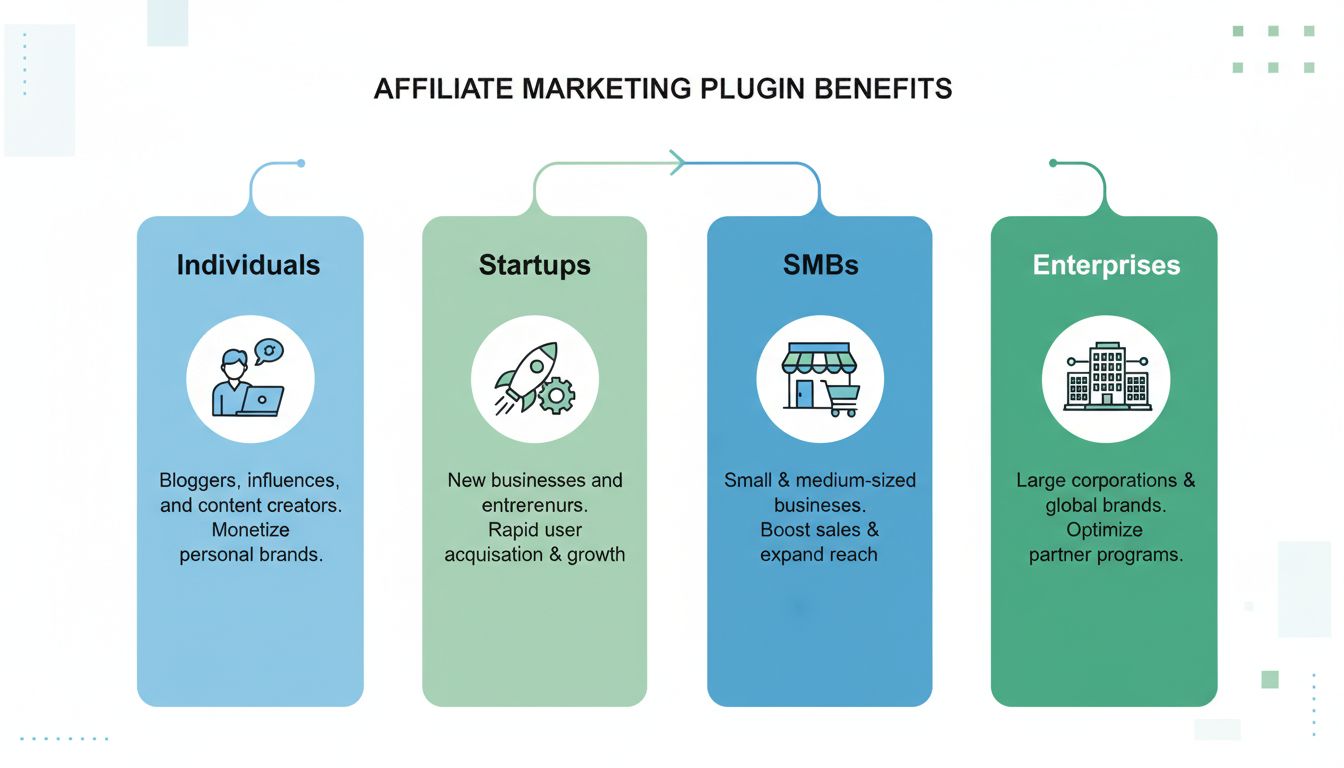 Segments d'utilisateurs bénéficiant des plugins de marketing d’affiliation : particuliers, start-ups, PME et entreprises