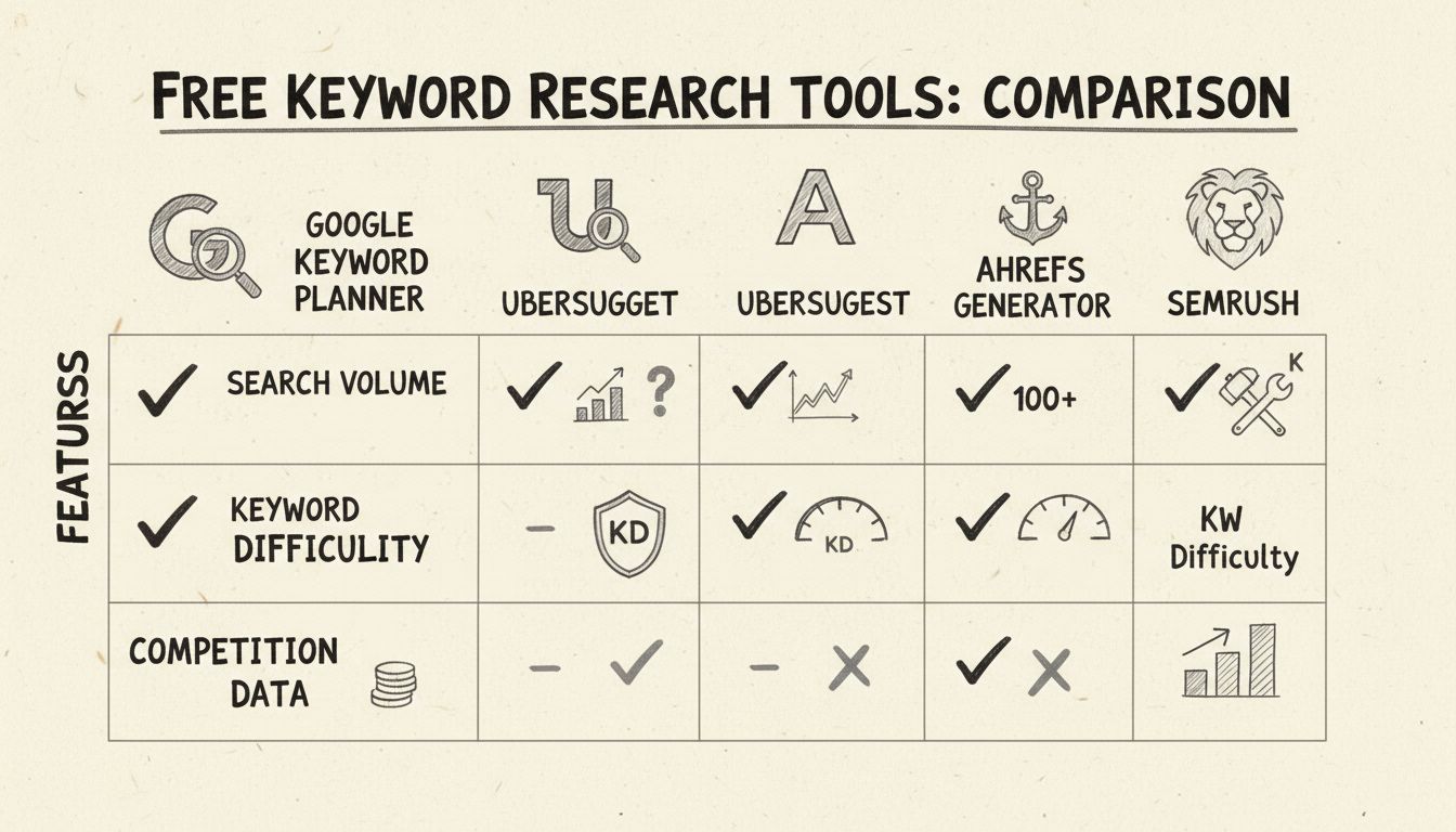 Schéma comparatif des outils gratuits de recherche de mots-clés montrant les fonctionnalités et métriques pour Google Keyword Planner, Ubersuggest, Ahrefs et Semrush