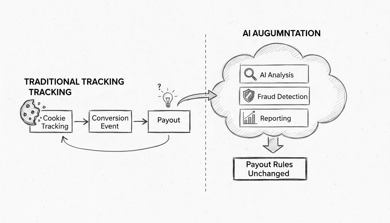 Schéma du workflow du tracking d’affiliation augmenté par l’IA montrant le tracking traditionnel enrichi par une couche d’analyse IA