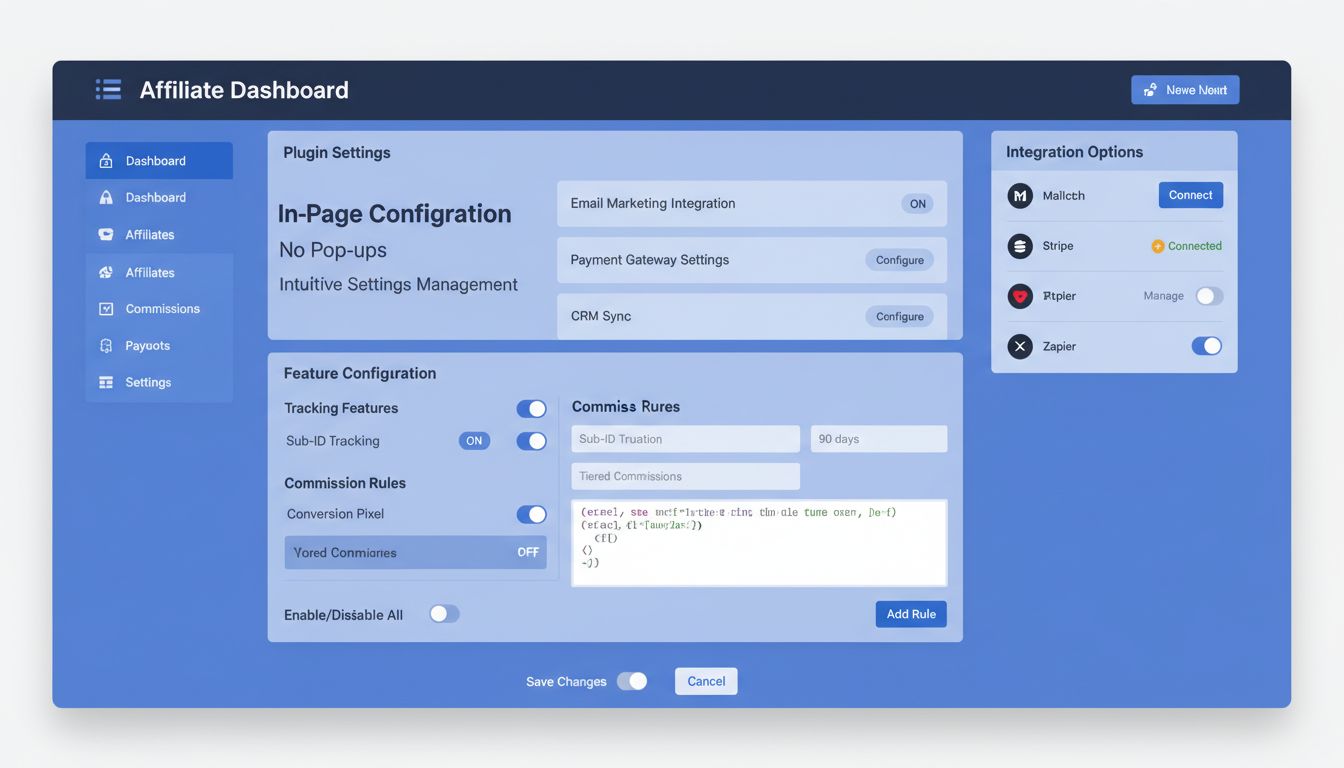 Tableau de bord logiciel d'affiliation moderne montrant la configuration des plugins en page avec boutons à bascule et menus déroulants