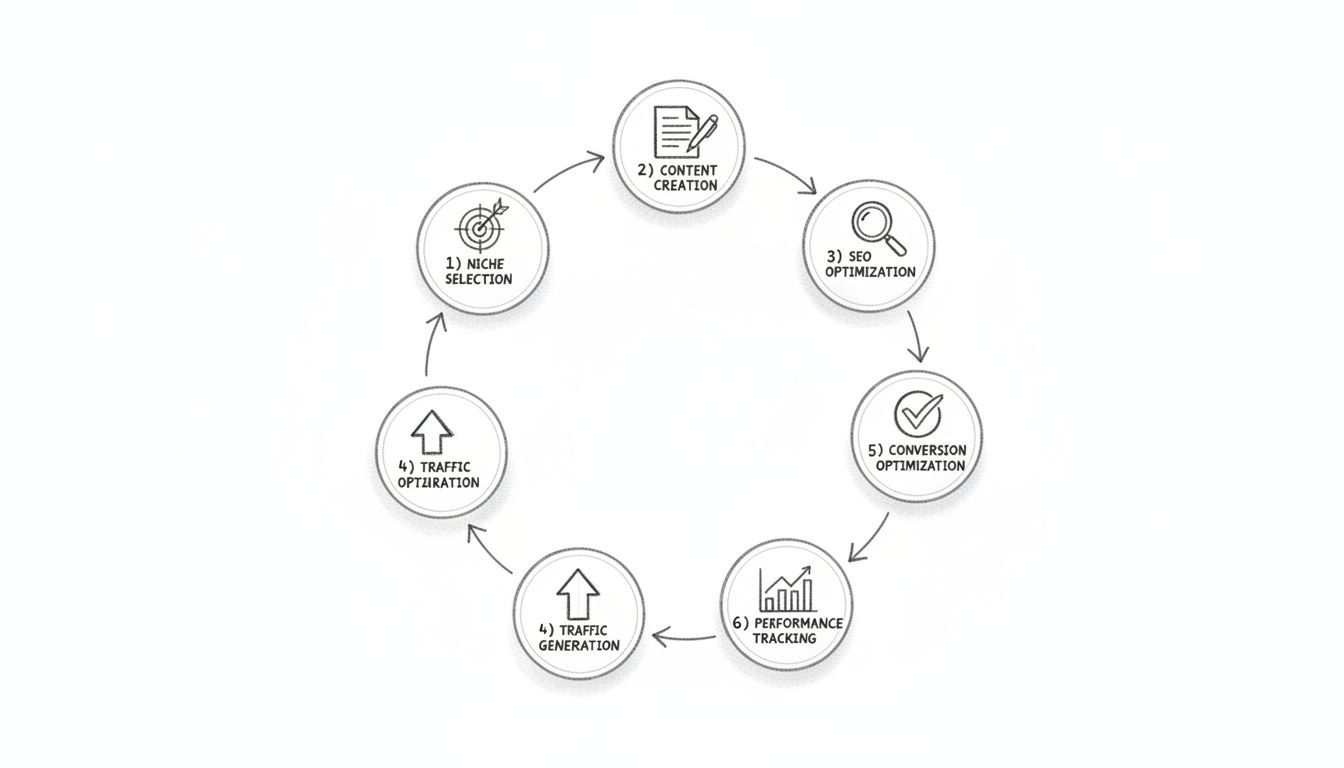 Schéma dessiné à la main montrant le parcours d'apprentissage en marketing d'affiliation avec les étapes : choix de la niche, création de contenu, optimisation SEO, génération de trafic, optimisation des conversions et suivi des performances