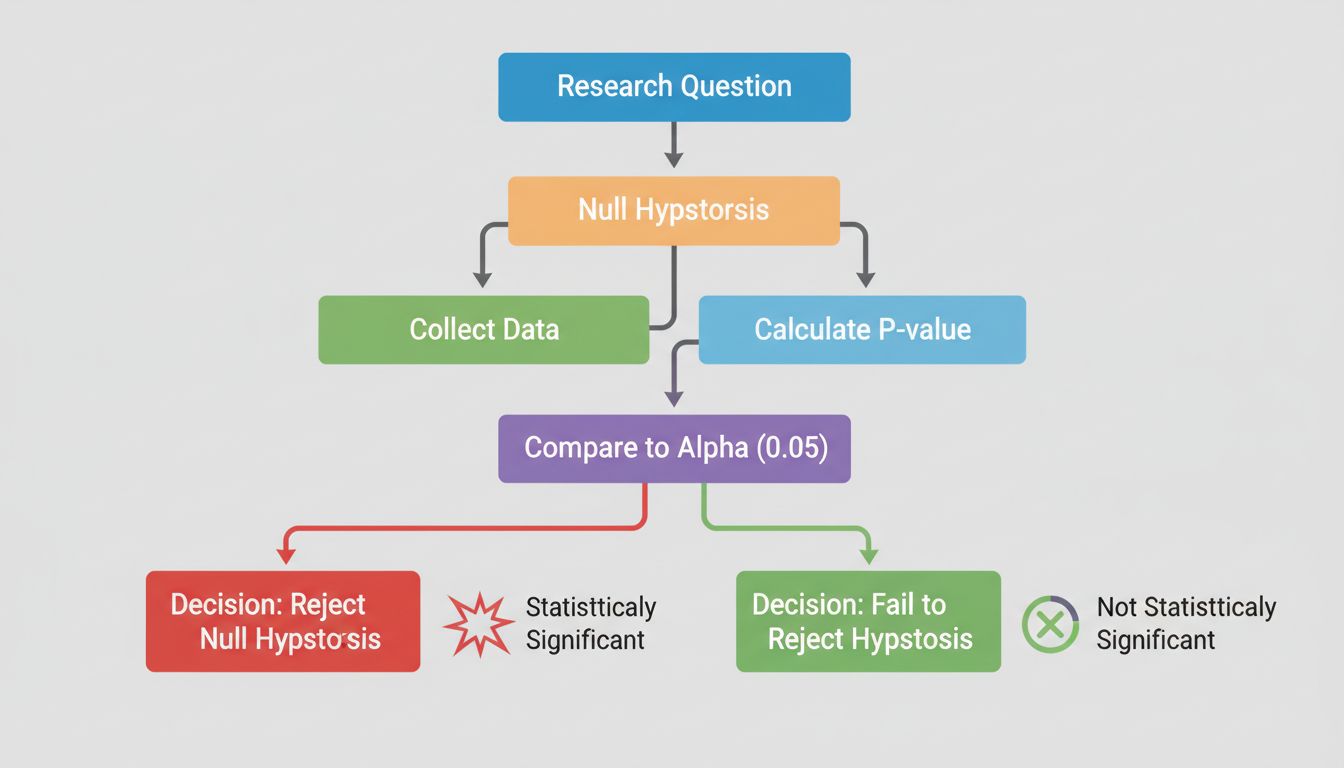 Schéma du workflow de test d’hypothèse, de la question de recherche à la décision finale sur la signification statistique
