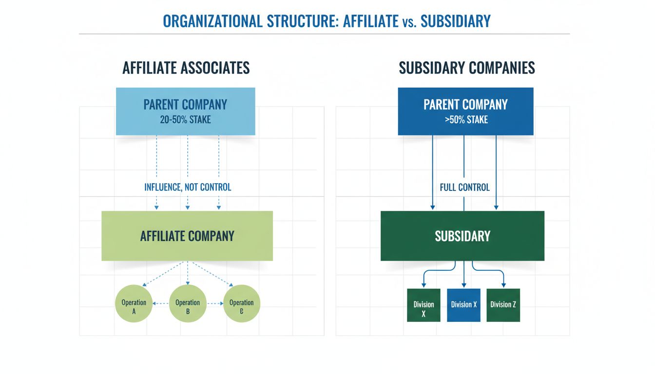 Schéma de structure organisationnelle comparant les associés affiliés (participation de 20-50 % avec lignes d’influence pointillées) et les filiales (>50 % avec lignes de contrôle pleines)