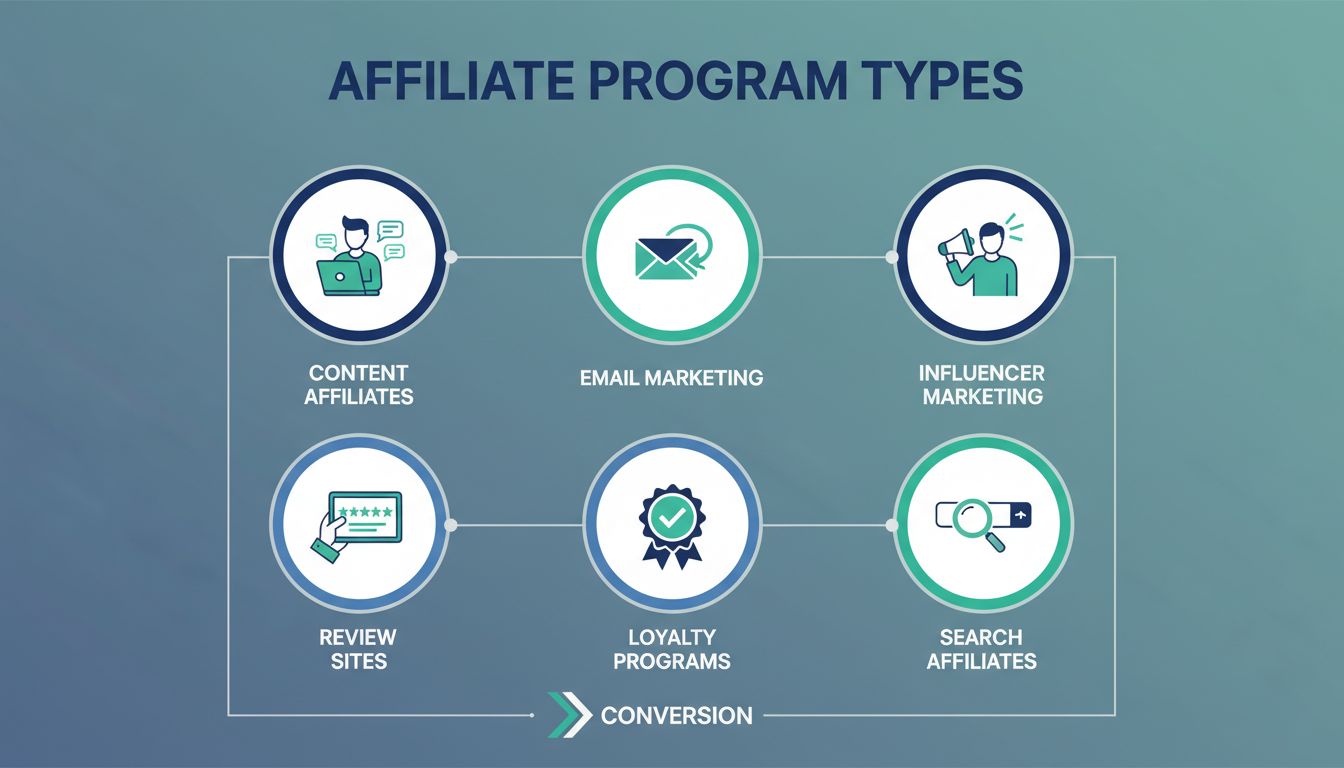 Infographie présentant différents types de programmes d'affiliation, notamment les affiliés de contenu, l'email marketing, le marketing d'influence, les sites d'avis, les programmes de fidélité et les affiliés en recherche