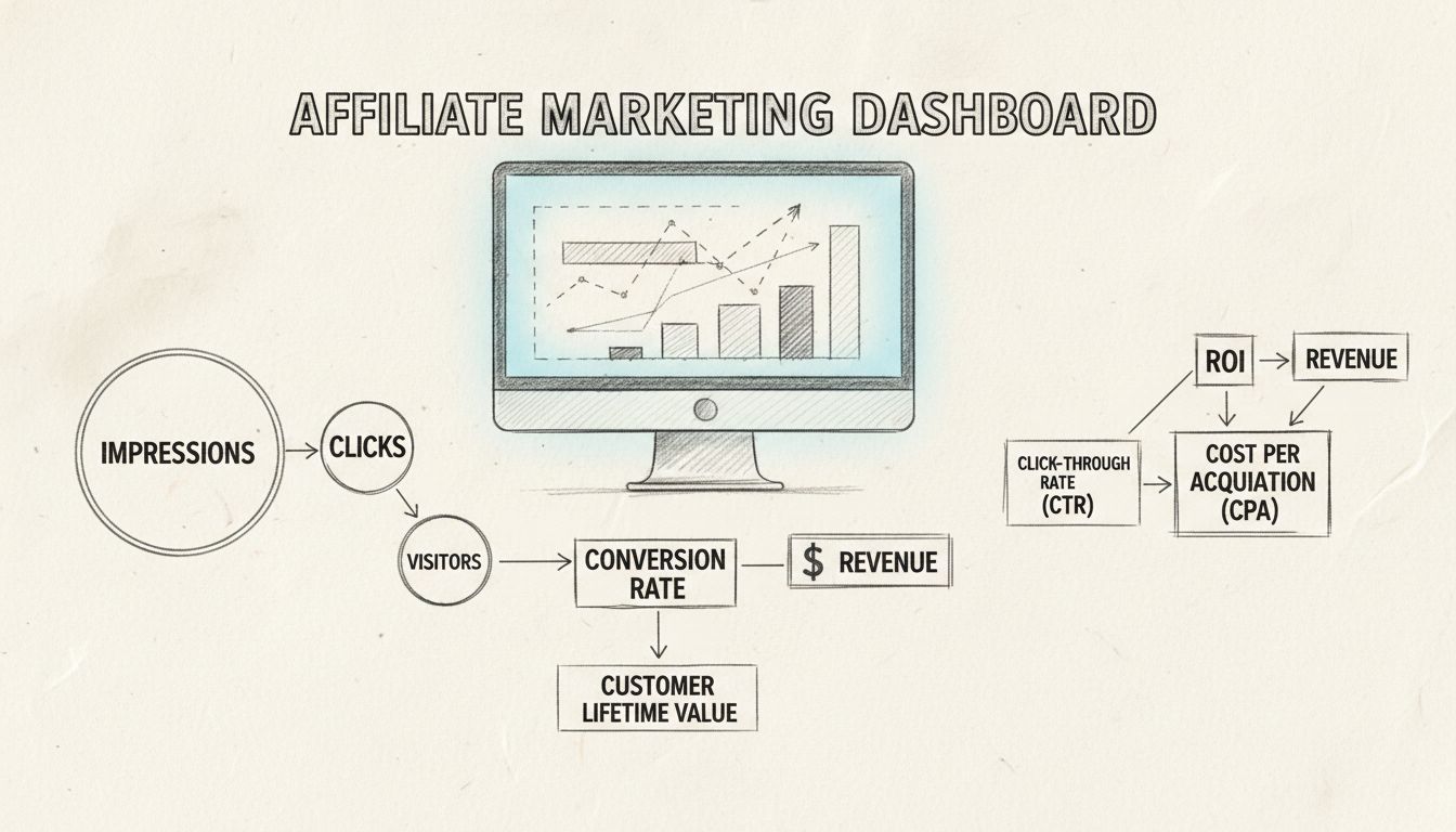 Tableau de bord des métriques du marketing d’affiliation affichant les KPI comme ROI, CTR, taux de conversion, CPA, revenu, impressions, clics et valeur vie client