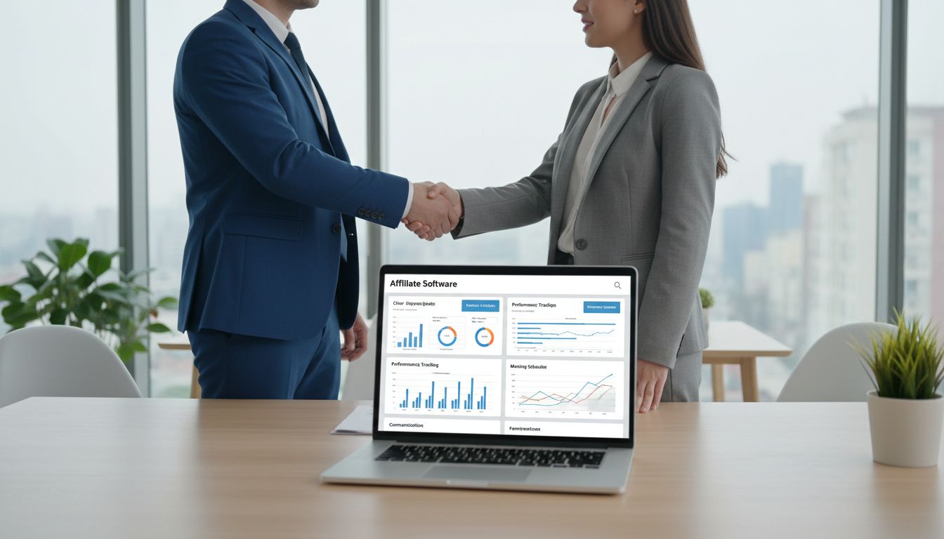 Réunion professionnelle entre un manager et un freelance en marketing d'affiliation discutant de la stratégie de partenariat avec un tableau d'analyses visible