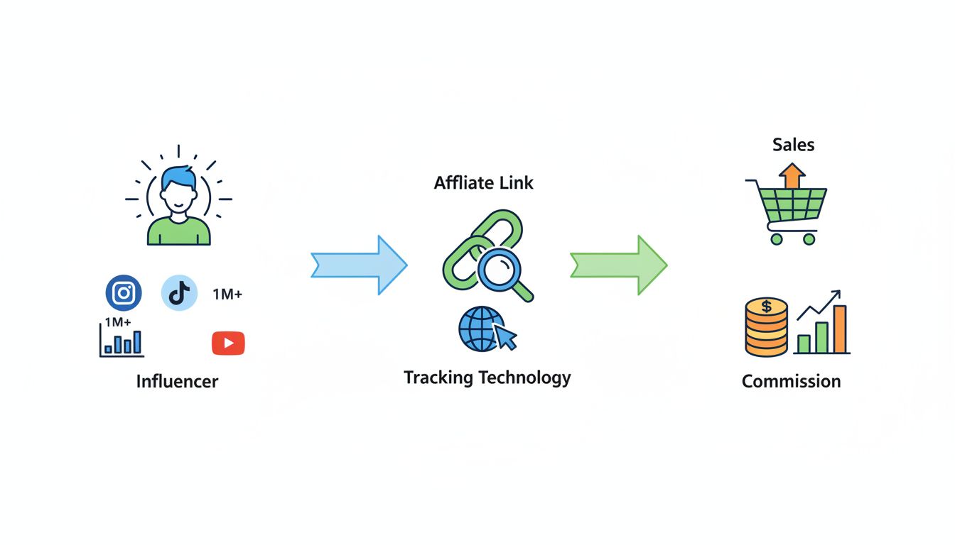 Écosystème du marketing d'affiliation avec influenceurs montrant l'influenceur, le lien d'affiliation, la conversion des ventes et le flux de commission