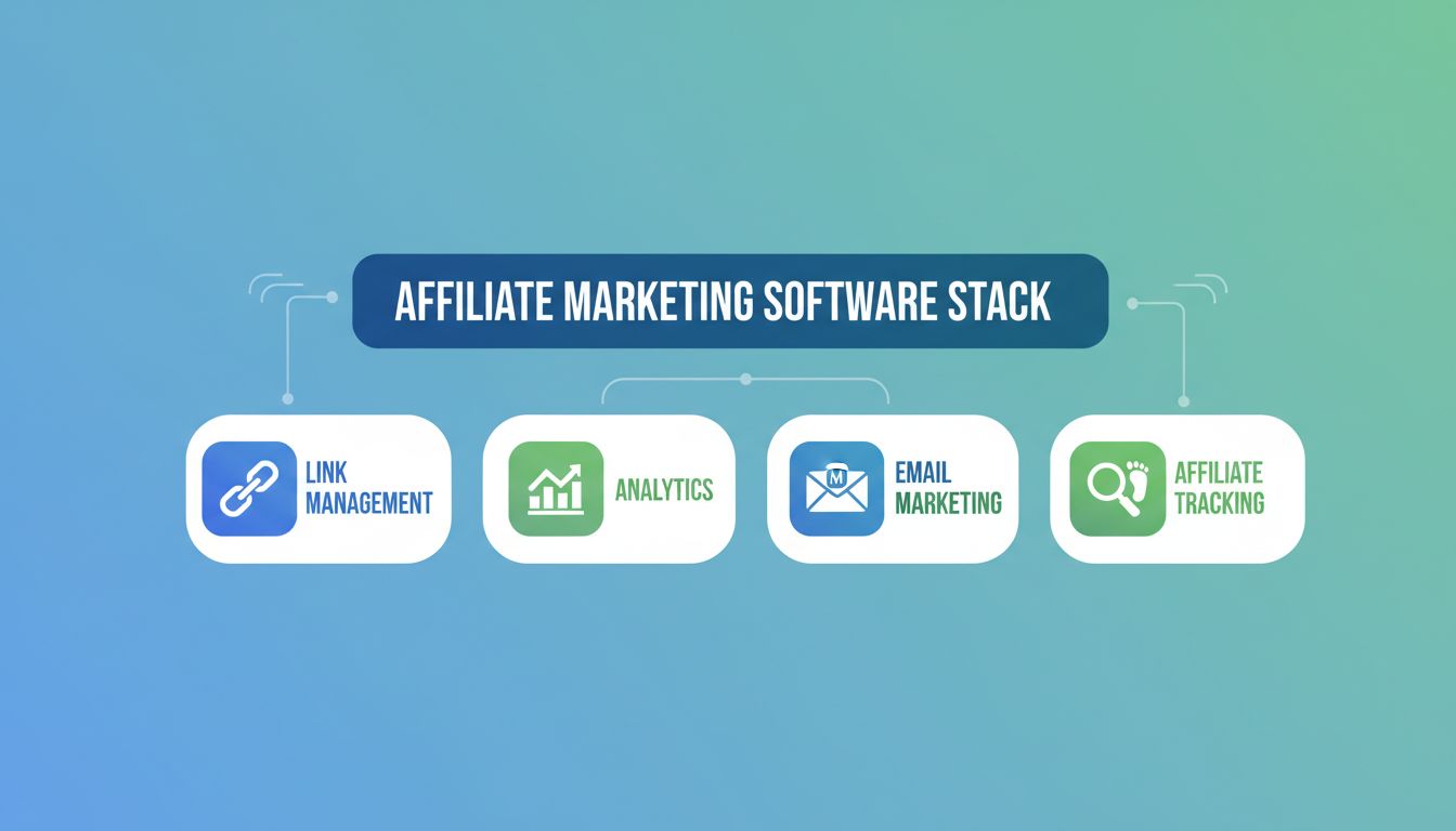 Infographie d’une stack logicielle pour le marketing d’affiliation incluant la gestion de liens, l’analytics, l’email marketing et le tracking d’affiliation