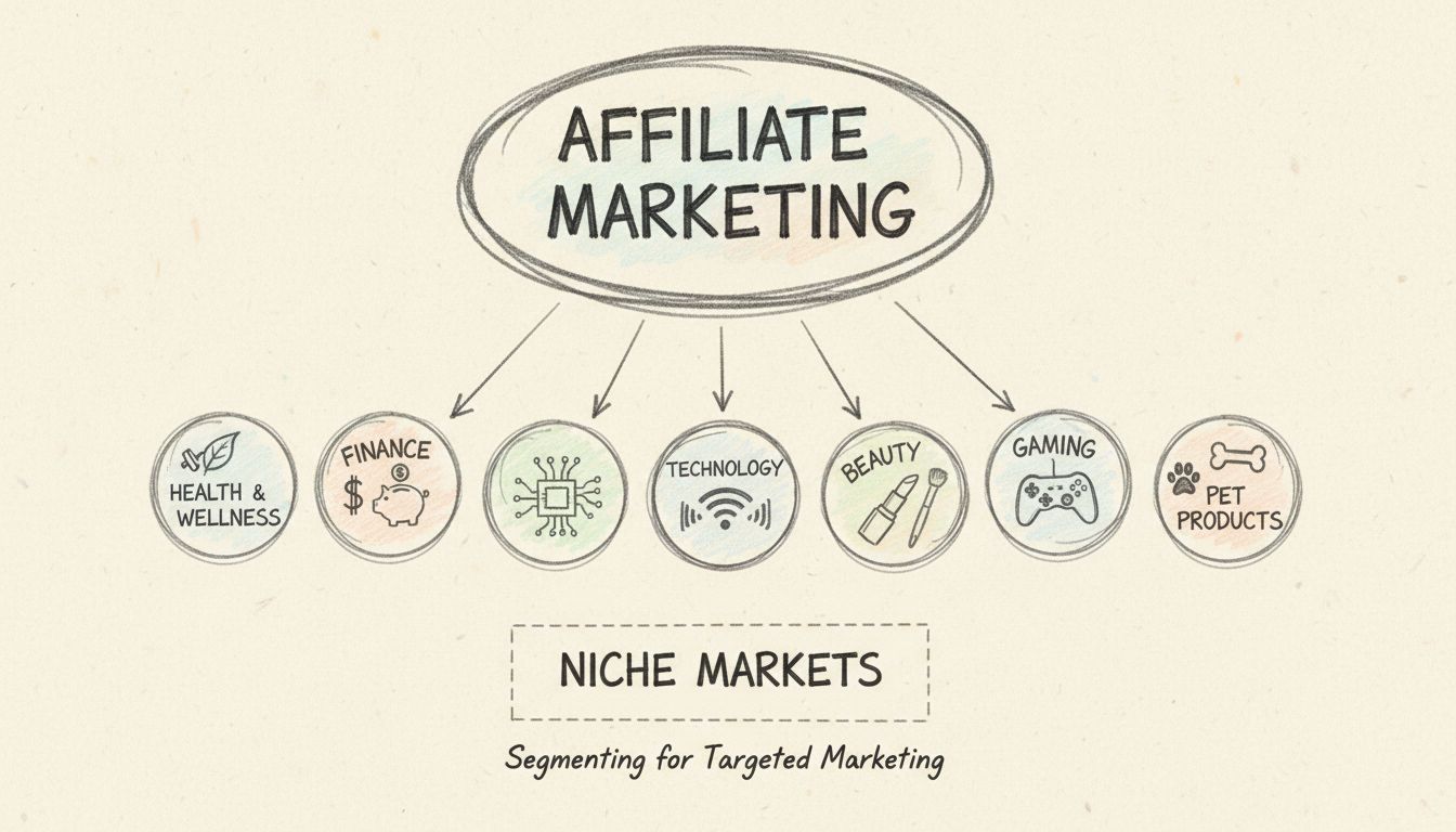 Diagramme de segmentation des niches du marketing d’affiliation montrant comment un marché large se divise en niches spécialisées dont santé et bien-être, finance, technologie, beauté, gaming et produits pour animaux
