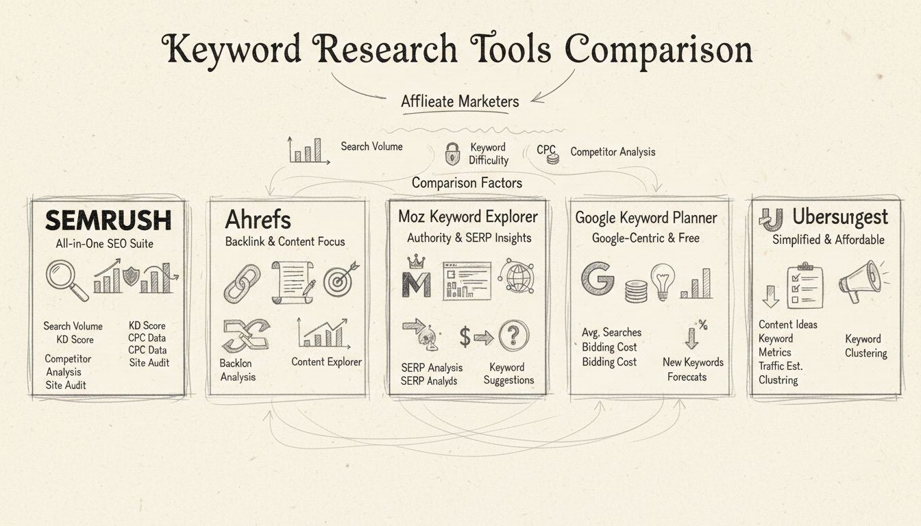 Diagramme comparatif de 5 outils de recherche de mots-clés pour affiliés, présentant fonctionnalités et avantages