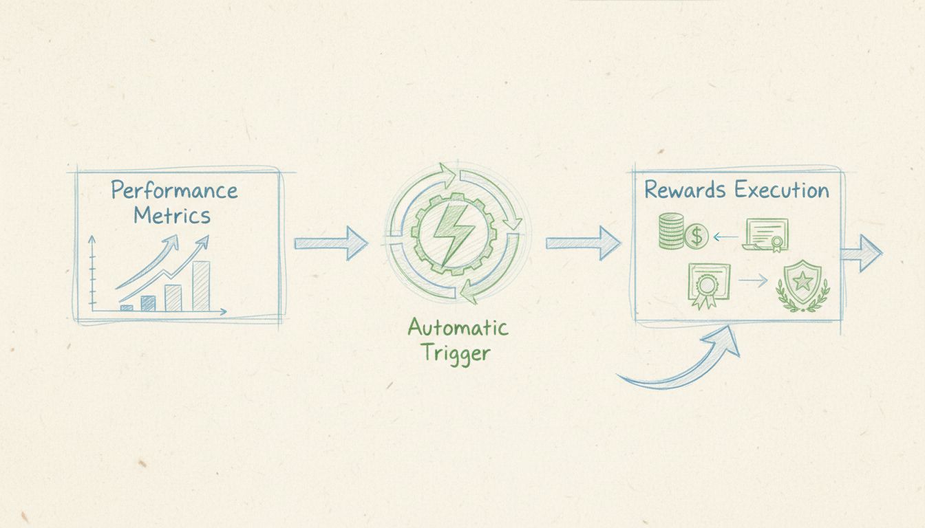 Diagramme du flux de travail d'un système de récompenses de performance montrant le mécanisme de déclenchement automatique, des indicateurs à l'exécution des récompenses