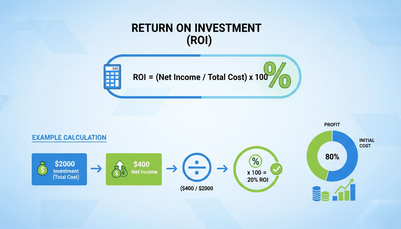 Infographie sur la formule de calcul du ROI montrant la formule ROI = (Revenu net / Coût total) x 100 avec un exemple d'investissement de 2 000 $ générant un ROI de 20 %