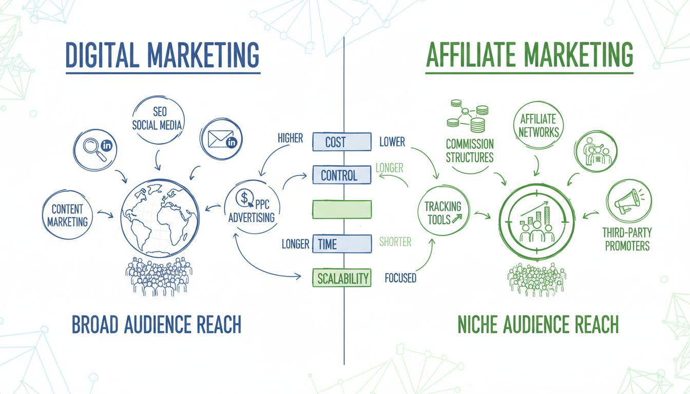Infographie comparant les stratégies de marketing digital et d’affiliation avec des icônes pour les canaux, les métriques et la portée d’audience