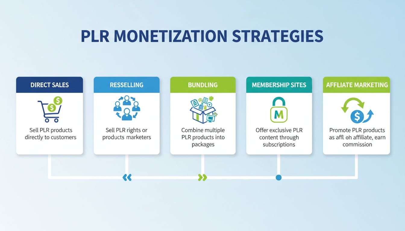 Infographie des stratégies de monétisation PLR montrant cinq sources de revenus : ventes directes, revente, bundling, sites d'abonnement et marketing d'affiliation