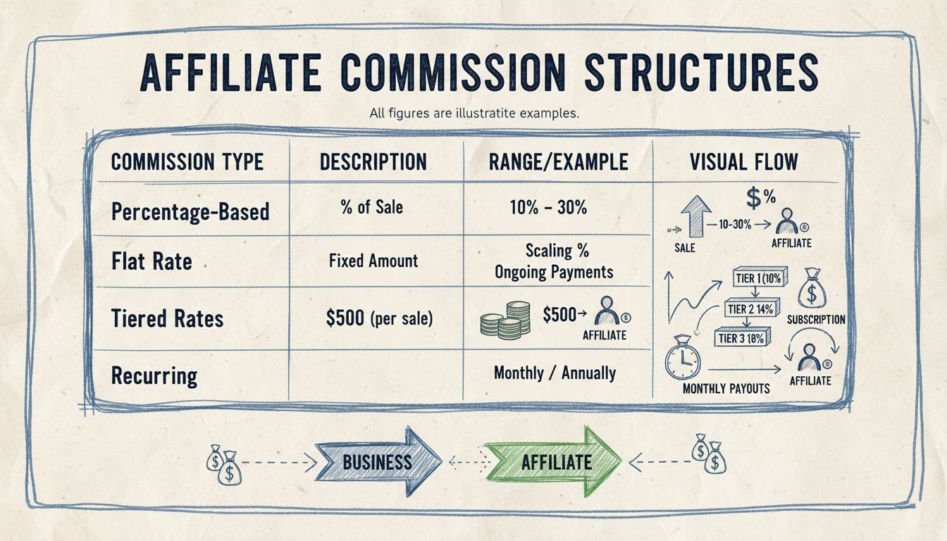 Comparatif des structures de commission d'affiliation : pourcentage, forfait, progressif et récurrent avec flux monétaire visuel entre entreprise et affiliés