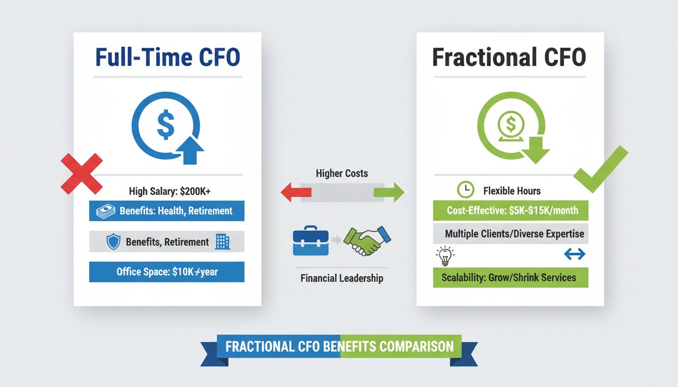 Infographie comparant le coût d’un CFO fractionnaire à celui d’un CFO à temps plein, incluant salaire, avantages et flexibilité