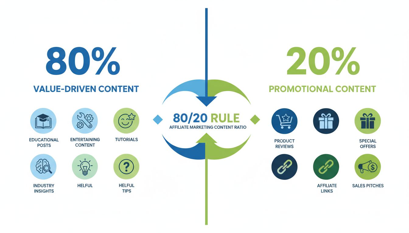 Infographie du ratio de contenu 80/20 montrant 80% de contenu à valeur ajoutée et 20% de contenu promotionnel pour le marketing d'affiliation