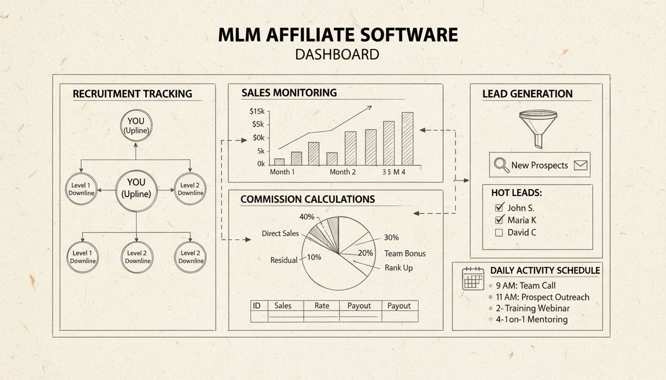 Tableau de bord d'un logiciel d'affiliation MLM montrant le suivi du recrutement, la surveillance des ventes, le calcul des commissions et le planning d'activité quotidien avec la hiérarchie du réseau