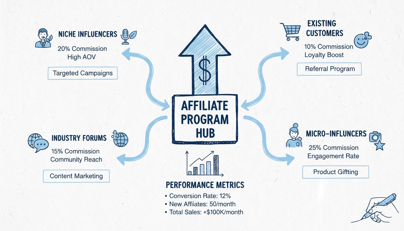 Schéma de stratégie de recrutement d’affiliés montrant plusieurs parcours incluant des influenceurs de niche, des clients existants, des forums sectoriels et des micro-influenceurs, avec des taux de commission et des indicateurs de performance