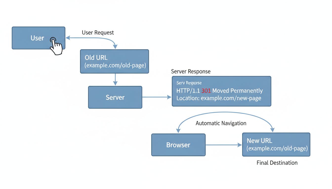 Schéma technique montrant le flux d'une redirection HTTP de la requête utilisateur à la réponse du serveur jusqu'à la destination finale